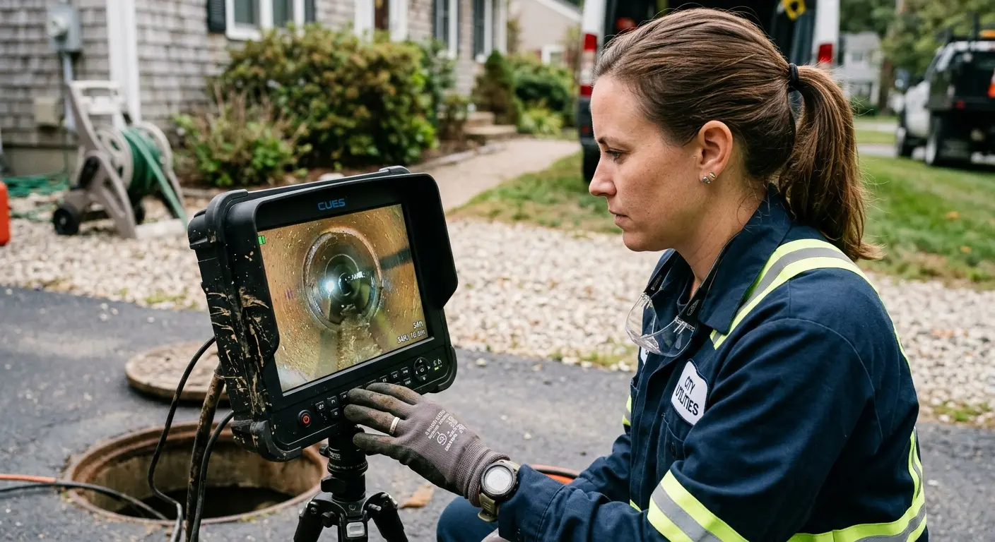 Technician reviewing sewer camera inspection footage in Macomb