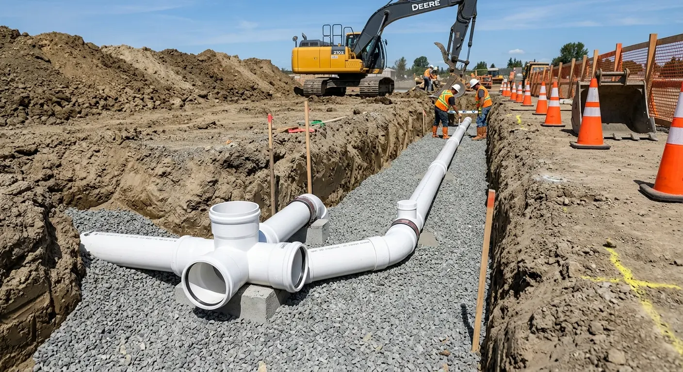 New PVC sewer pipe installation in open trench for Commercial Drain Cleaning in Macomb