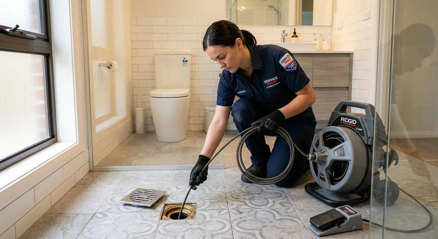 Technician clearing a bathroom floor drain for Drain Repair in Macomb